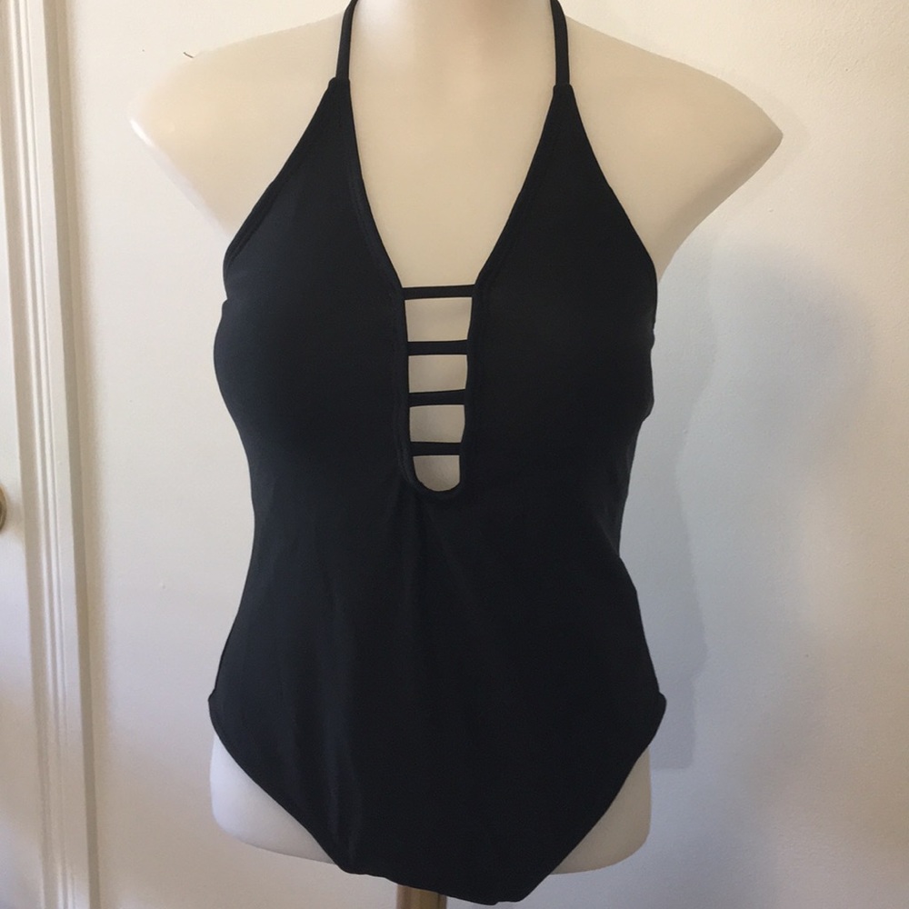 NWT Black One -Piece Swimsuit Neck Tie LG